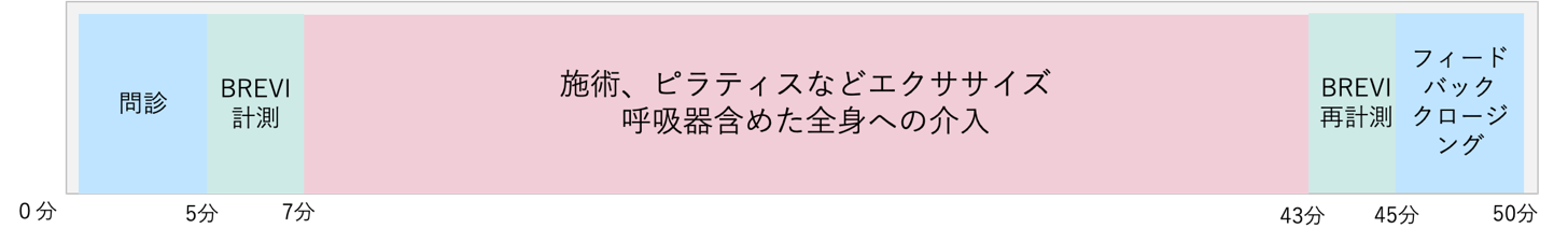 1セッション50分の流れ：問診（5分まで）、BREVI計測（7分まで）、施術・ピラティスなどエクササイズ（43分まで）、BREVI再計測（45分まで）、フィードバック・クロージング（50分まで）